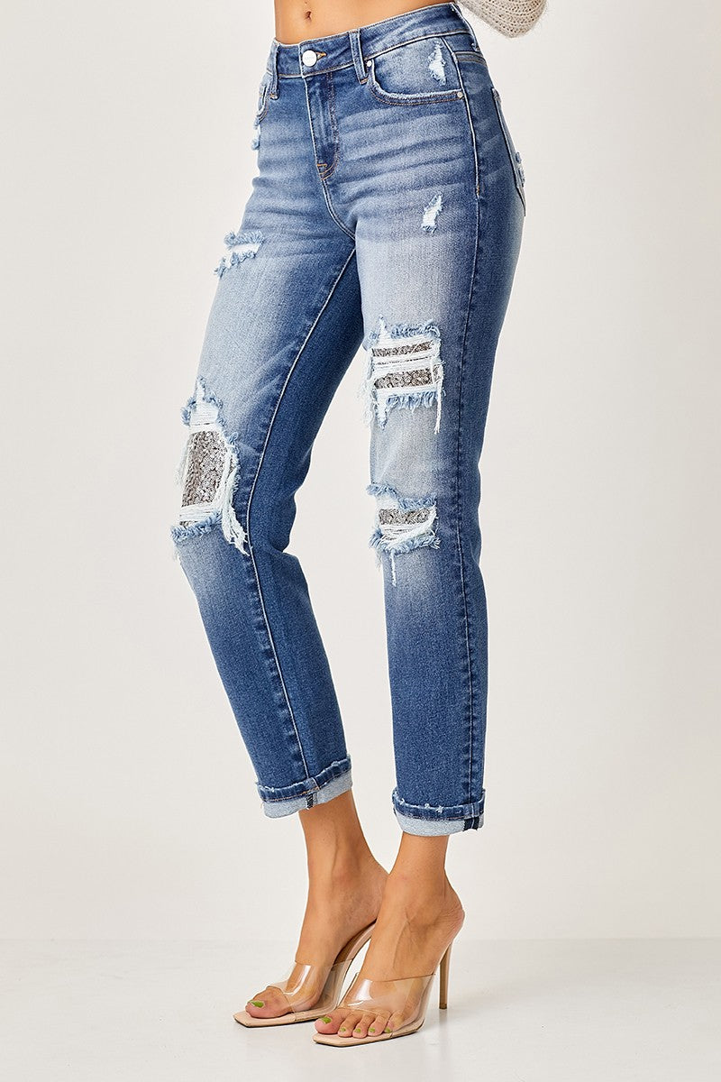 Risen Jeans - Mid Rise Sequins Patched Tapered Jeans - RDP5414 - SaltTree