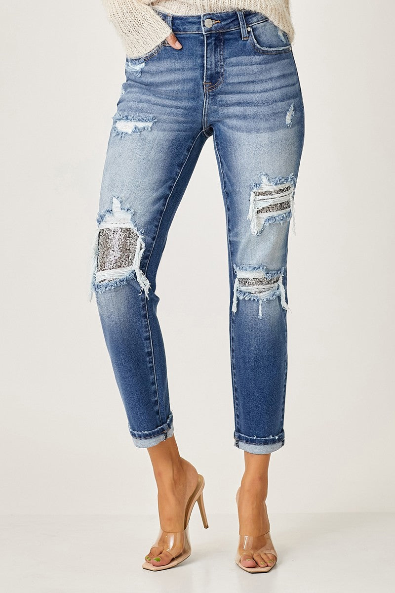 Risen Jeans - Mid Rise Sequins Patched Tapered Jeans - RDP5414 - SaltTree
