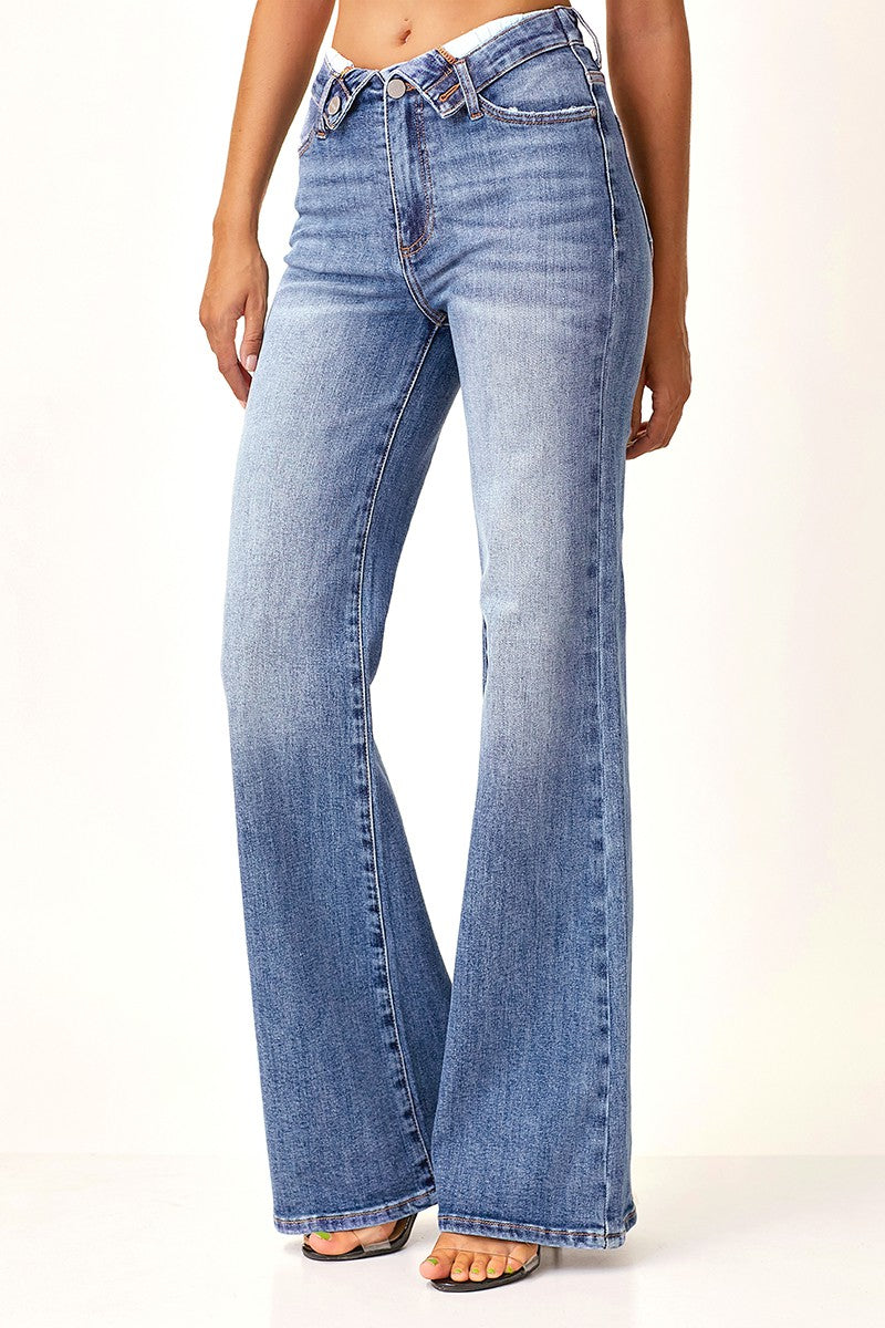 Risen Jeans - Mid Rise Flap Slim Wide Leg Pants - RDP5314