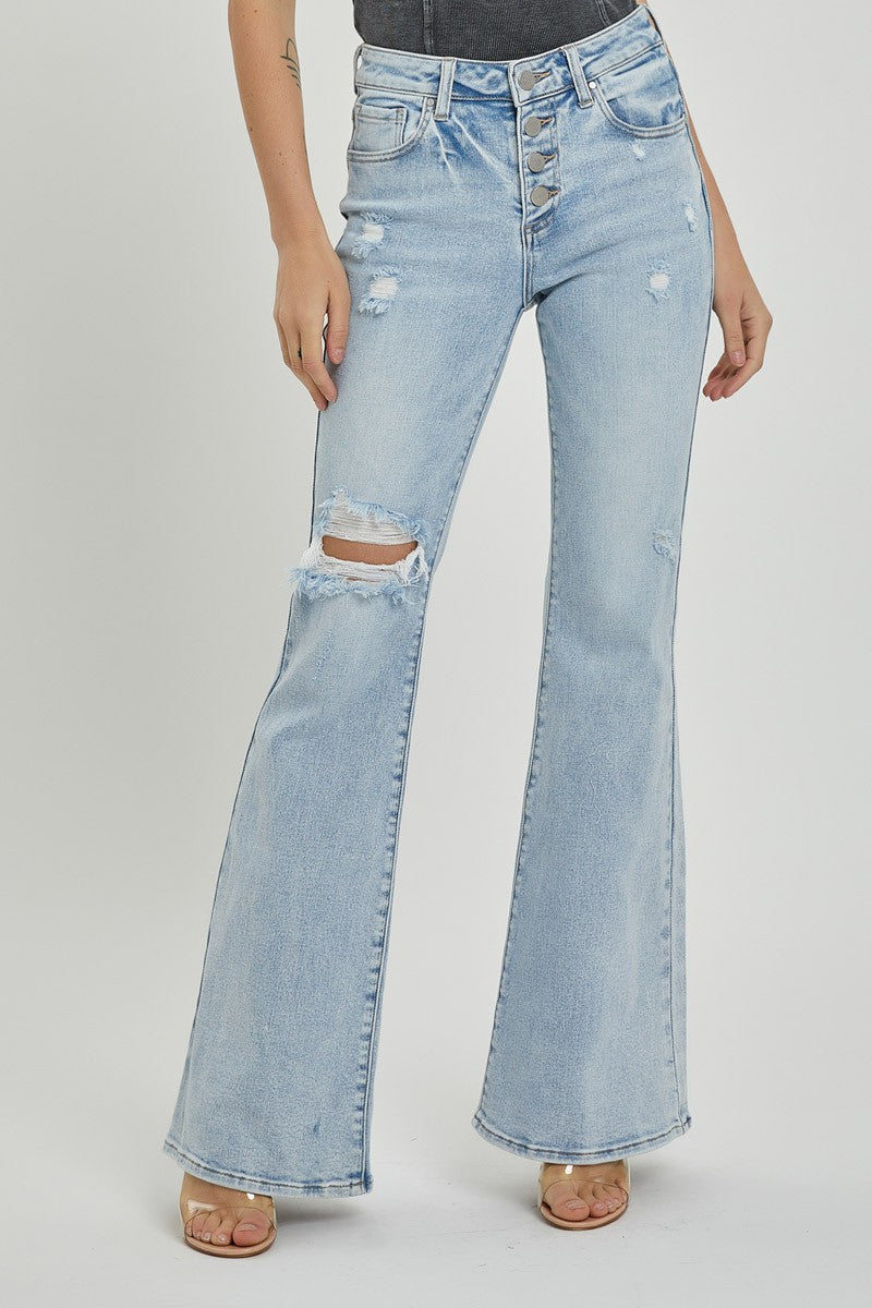 Risen Jeans - Mid Rise Button Down Flare Jeans - RDP5415L - SaltTree