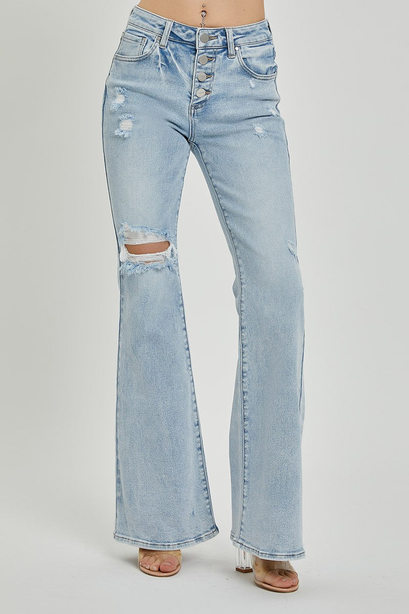 Risen Jeans - Mid Rise Button Down Flare Jeans - RDP5415L - SaltTree