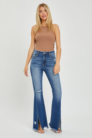 Risen Jeans - High Rise Front Slit with Fray Hem Flare Jeans - RDP5544