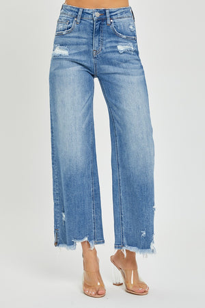 Risen Jeans - High Rise Side Slit with Frayed Hem Wide Jeans - RDP5590 - SaltTree