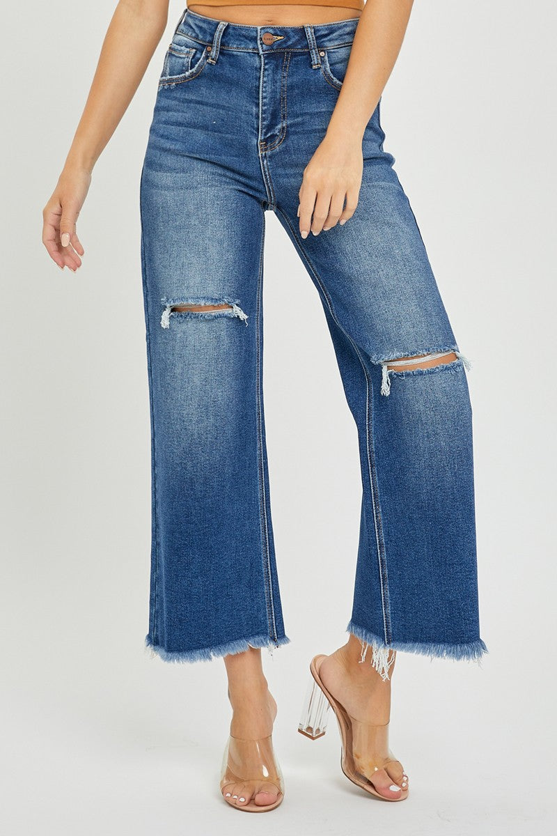 Risen Jeans -High Rise Frayed Ankle Wide Jeans - RDP5511 - SaltTree