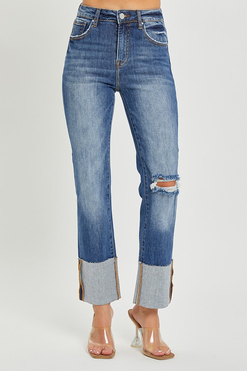 Risen Jeans - High Rise Wide Cuffed Straight Jeans - RDP5484 - SaltTree