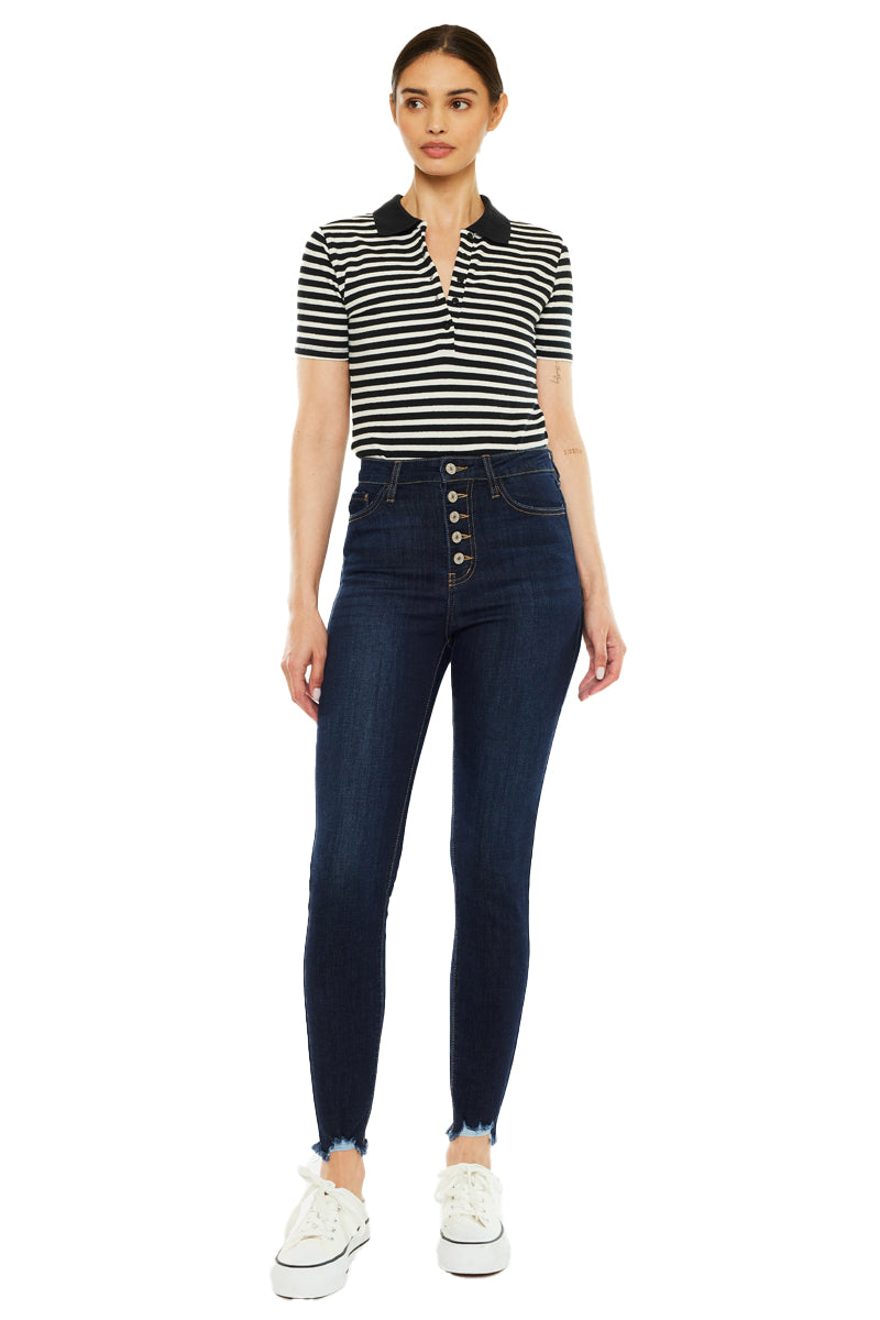 Kancan - Women's High Rise Button Fly Distressed Super Skinny Jeans - kc7273 - SaltTree