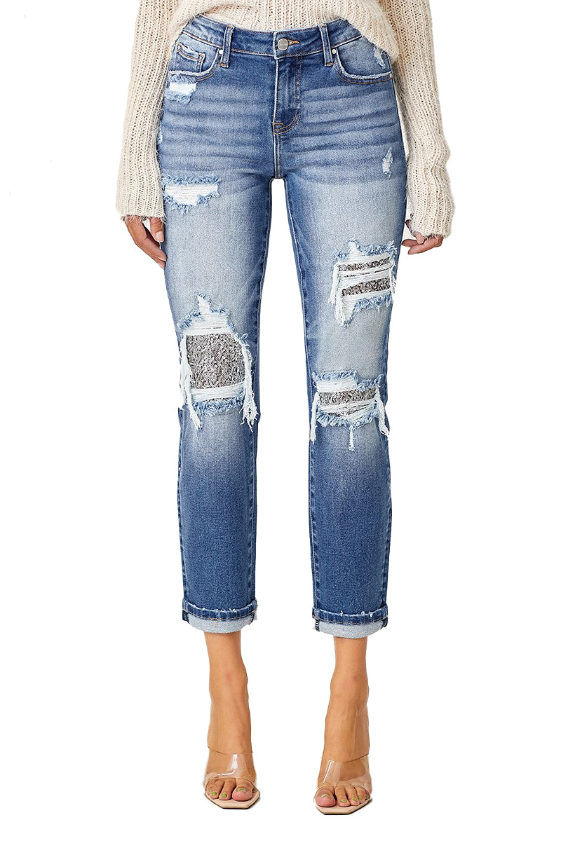 Risen Jeans - Mid Rise Sequins Patched Tapered Jeans - RDP5414 - SaltTree