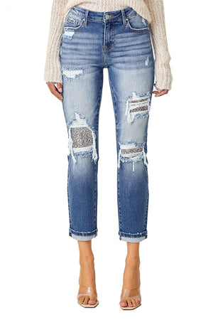 Risen Jeans - Mid Rise Sequins Patched Tapered Jeans - RDP5414