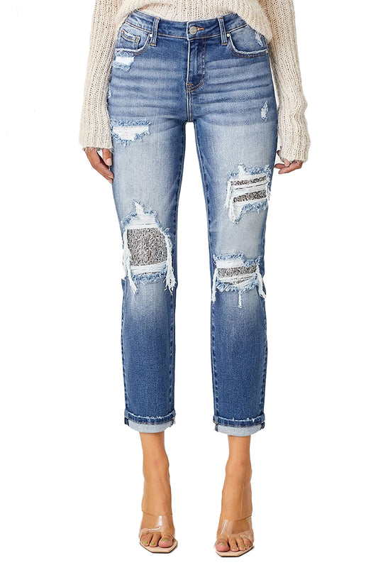 Risen Jeans - Mid Rise Sequins Patched Tapered Jeans - RDP5414
