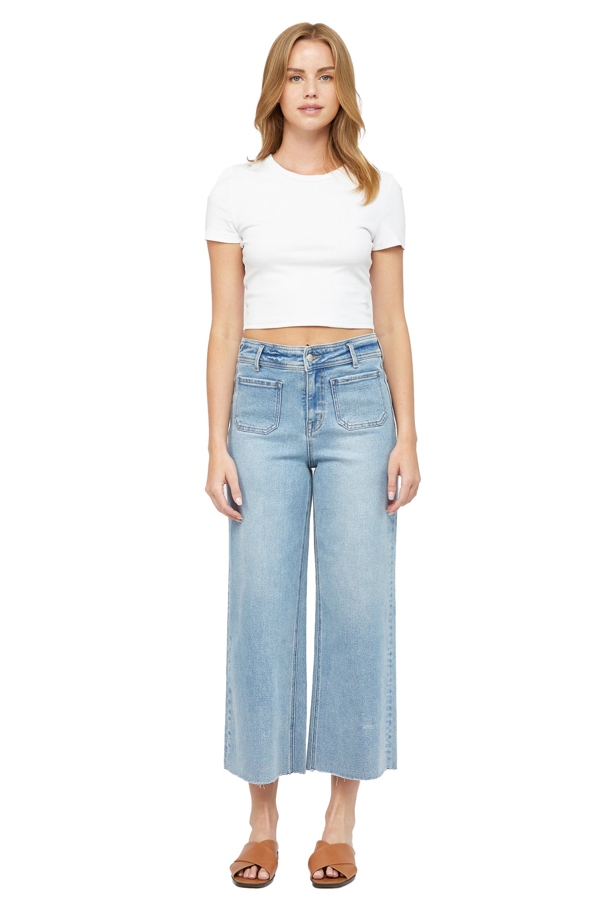 Mica Denim - Cropped Wide Leg With Front Pocket Jeans - MBE-W604LIT - SaltTree