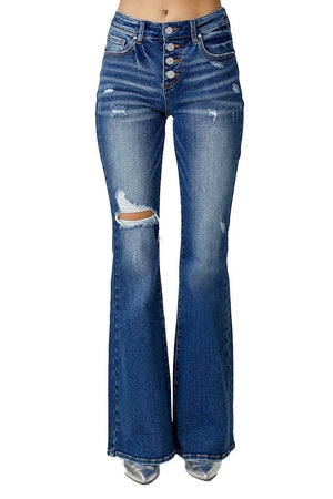 Risen Jeans - Mid Rise Button Down Flare Jeans - RDP5415D - SaltTree
