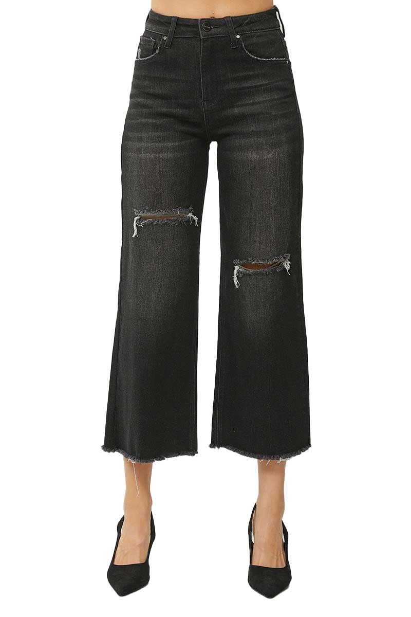 Risen Jeans -High Rise Frayed Ankle Wide Jeans - RDP5511 - SaltTree
