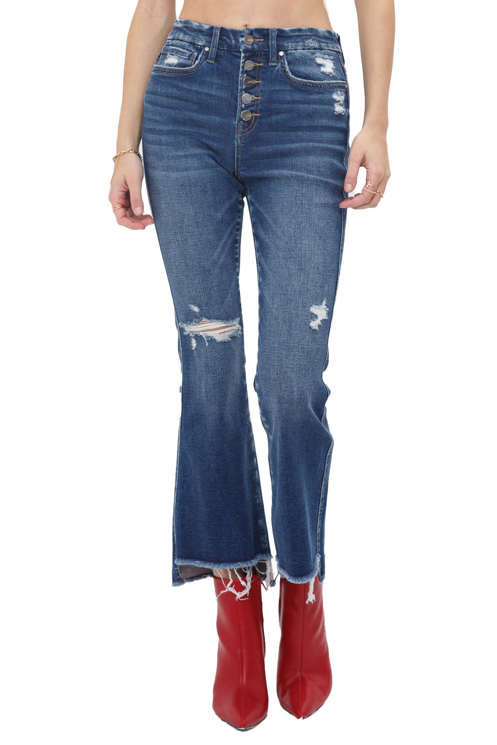 Mica Denim - Dolcetto High Rise Crop Flare Button with Step Hem Jeans - MDP-F148 - SaltTree