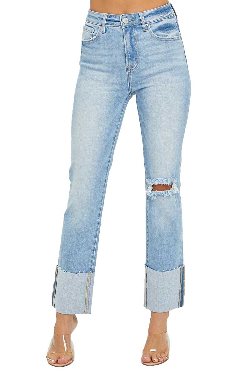 Risen Jeans - High Rise Wide Cuffed Straight Jeans - RDP5484 - SaltTree