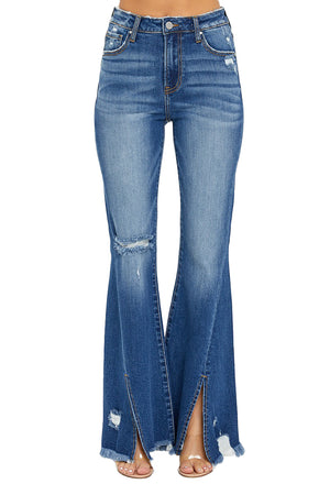 Risen Jeans - High Rise Front Slit with Fray Hem Flare Jeans - RDP5544