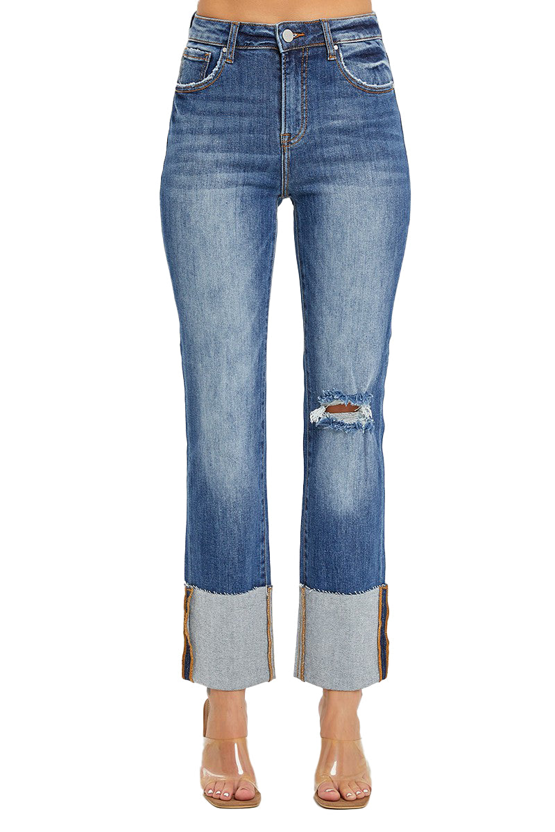 Risen Jeans - High Rise Wide Cuffed Straight Jeans - RDP5484 - SaltTree