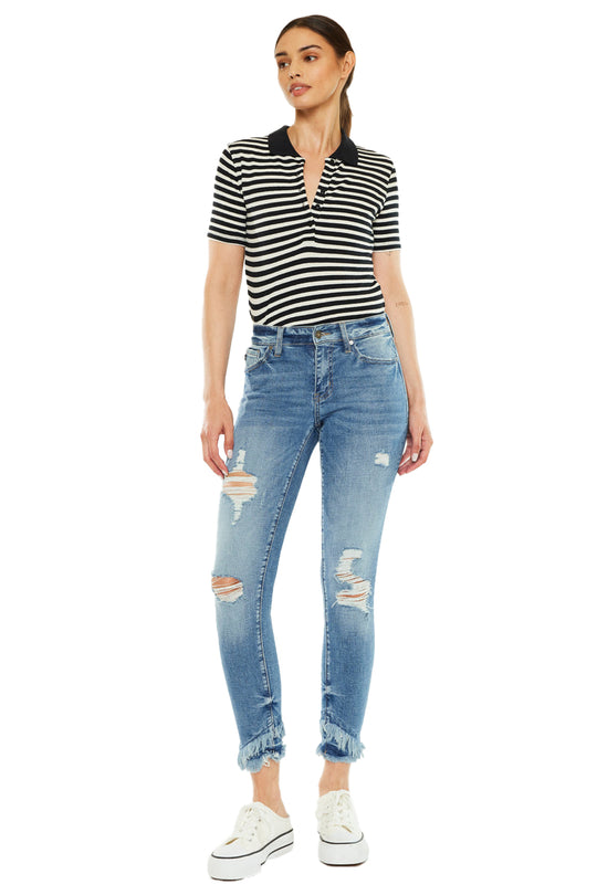 Kancan - Women's Mid-Rise Ankle Skinny Jeans with Desturction Detailing & Frayed Hem - kc6204