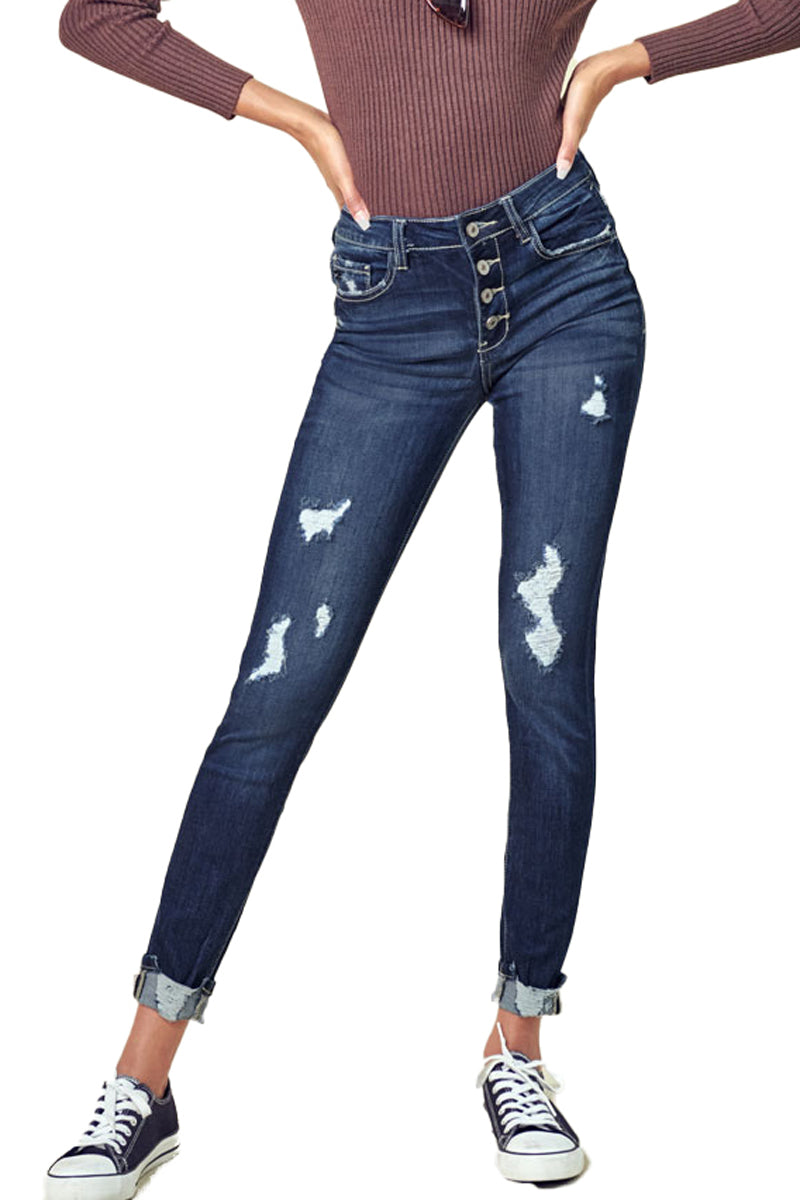 Kancan - Women's Stretchy Five Pocket Distressed High Waist Jeans - ST - SaltTree