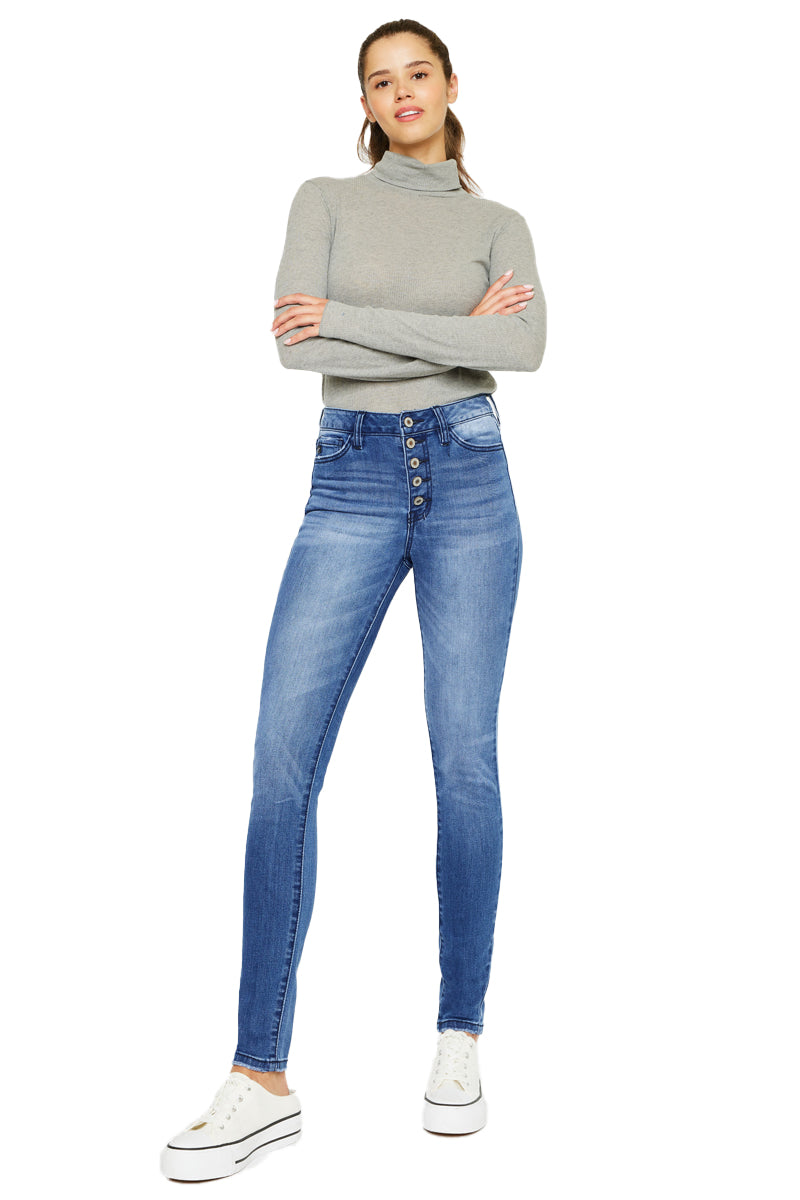 Kancan - Women's High Rise Button Fly Distressed Super Skinny Jeans - kc7113 - SaltTree