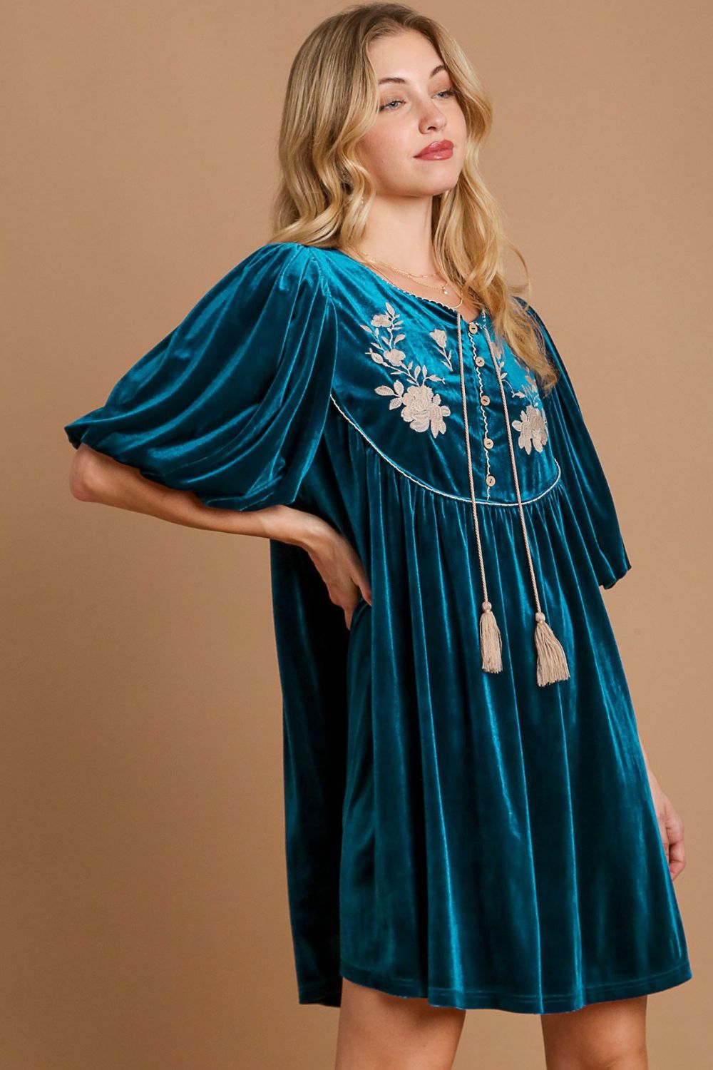 Umgee Embroidered Half Sleeve Velvet Mini Dress with Tassel - SaltTree