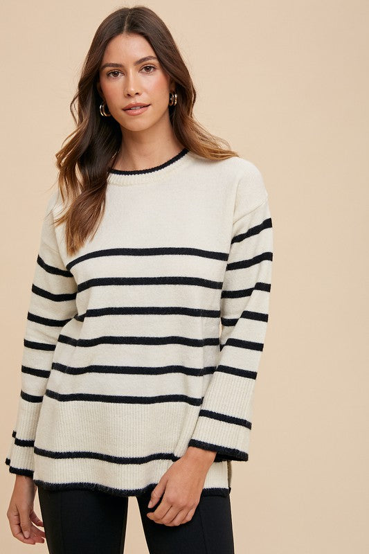 Annie Wear Side Slit Striped Round Neck Sweater - SaltTree