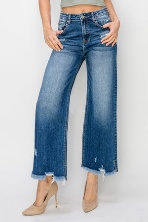 Risen Jeans - High Rise Side Slit with Frayed Hem Wide Jeans - RDP5590