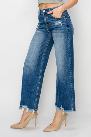 Risen Jeans - High Rise Side Slit with Frayed Hem Wide Jeans - RDP5590