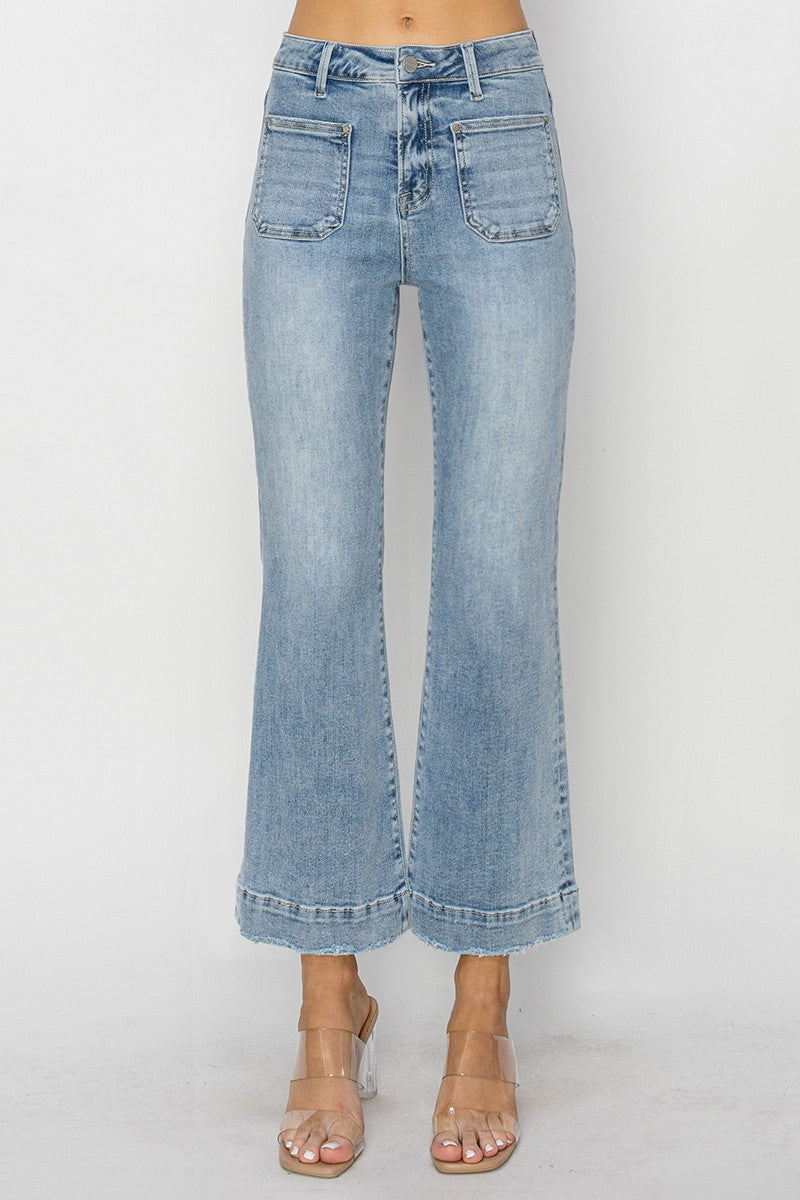 Risen Jeans - High Rise Front Patch Pocket Ankle Flare Jeans - RDP5767 - SaltTree