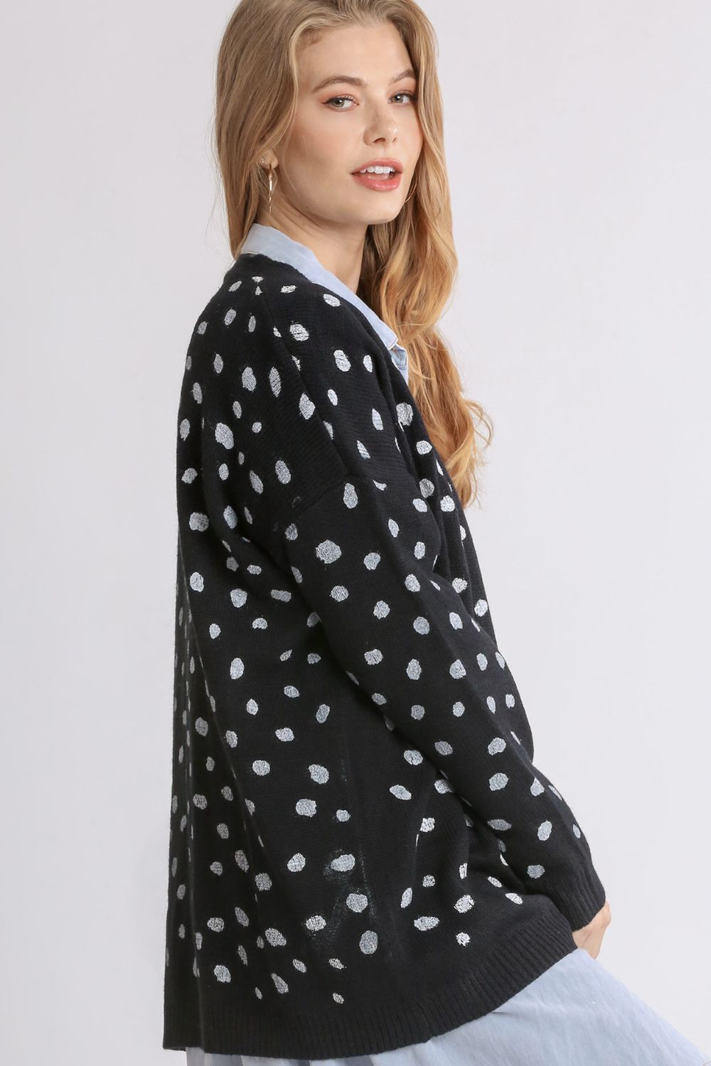 Umgee Polka Dot Open Front Drop Shoulder Cardigan - SaltTree