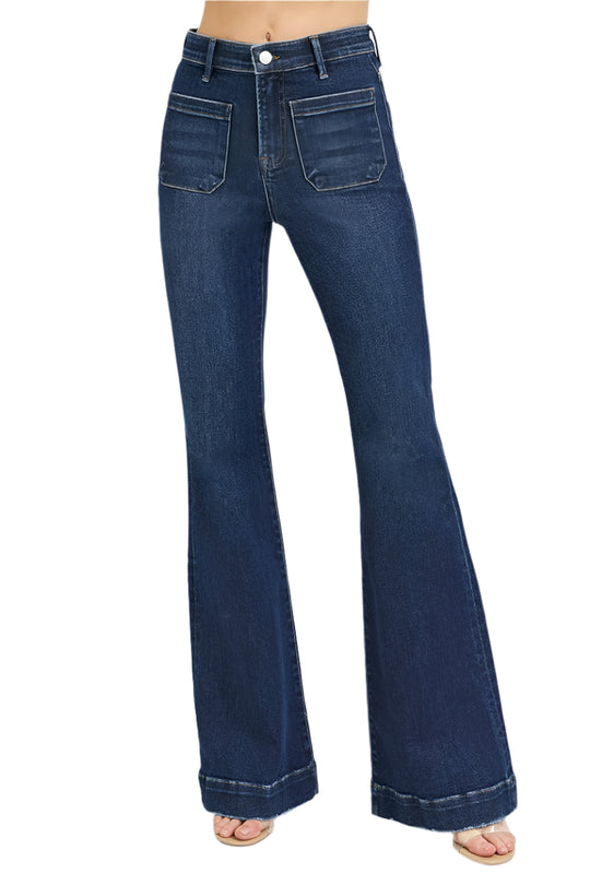 Risen Jeans - Elastic Band High Rise Flare Front Patch Pocket Jeans - RDP5913