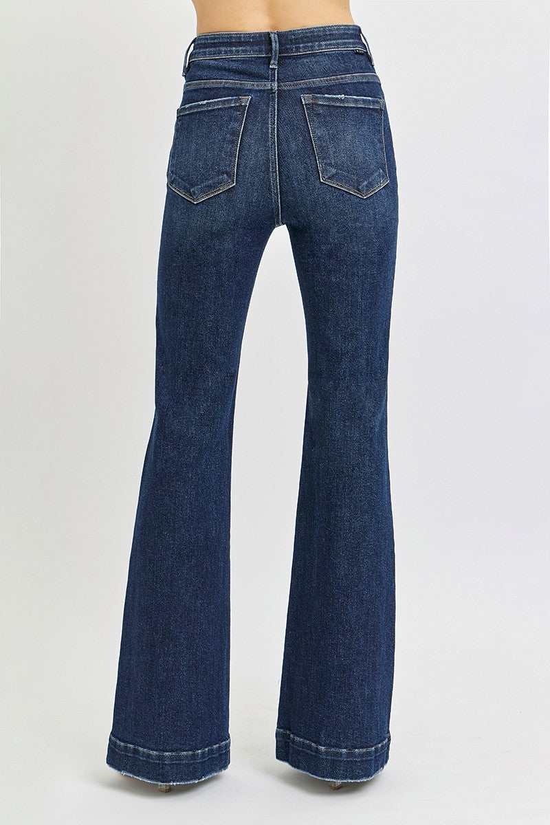 Risen Jeans - Elastic Band High Rise Flare Front Patch Pocket Jeans - RDP5913 - SaltTree