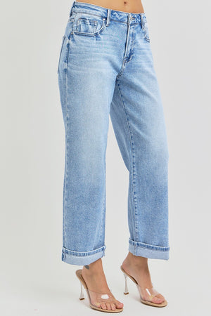 Risen Jeans - High Rise Ankle Barrel Turn Up Cuffed Jeans - PG21003