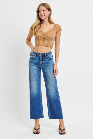 Risen Jeans - Tummy Control Mid Rise Crop Wide Clean Cut Hem Jeans - PSC21134