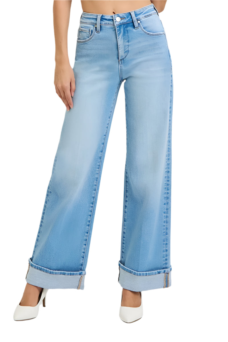 Risen Jeans - Tummy Control High Rise Cuffed Wide Jeans - PW21046 - SaltTree