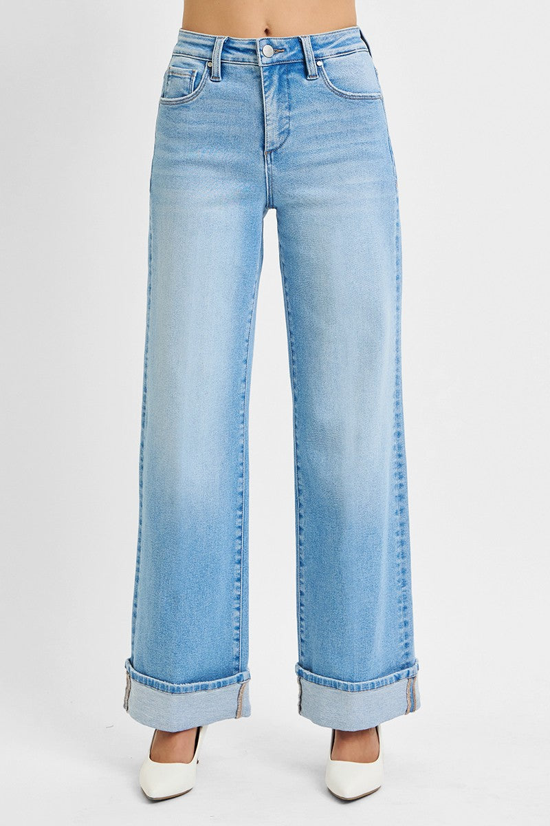Risen Jeans - Tummy Control High Rise Cuffed Wide Jeans - PW21046 - SaltTree