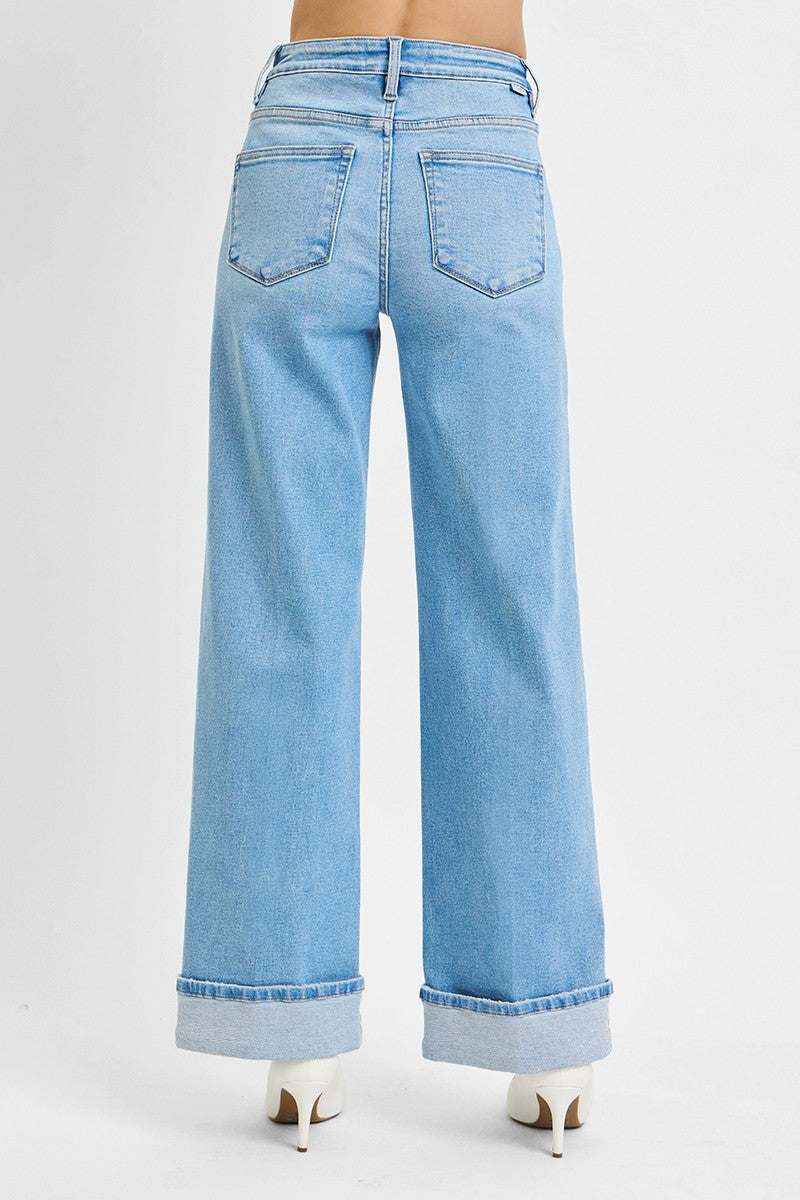 Risen Jeans - Tummy Control High Rise Cuffed Wide Jeans - PW21046 - SaltTree