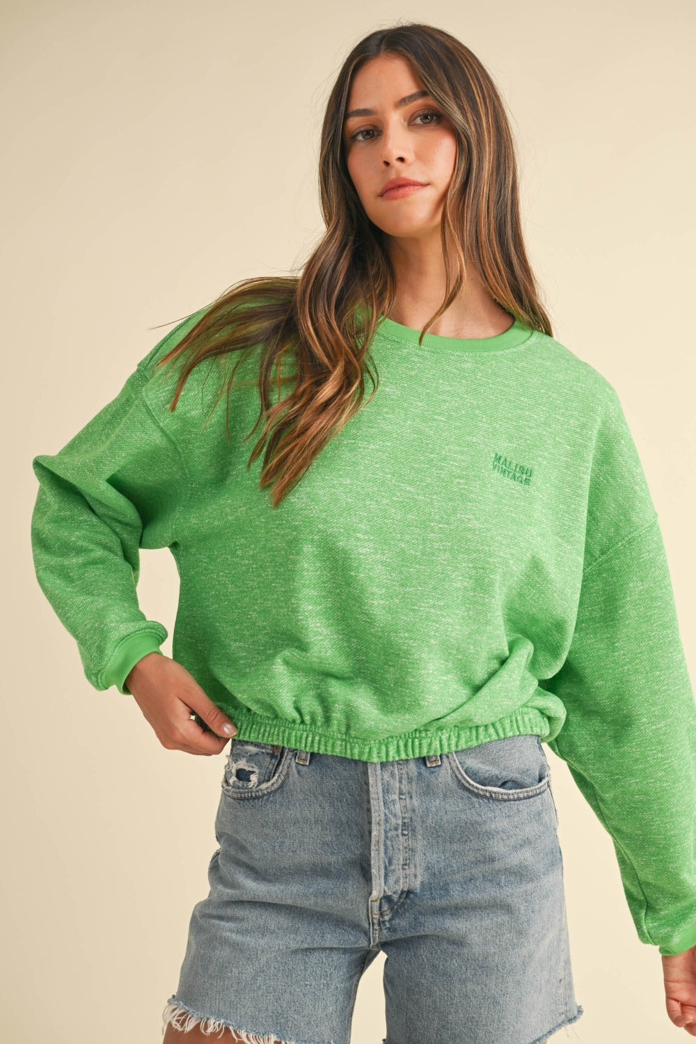 Mable Round Neck Letter Embroidery Crop Sweatshirt - SaltTree