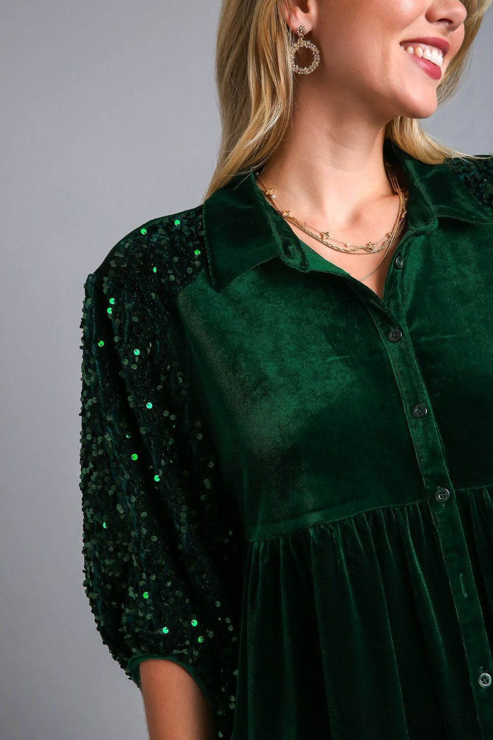 Umgee Sequin Detail Tiered Back Half Sleeve Shirt - SaltTree