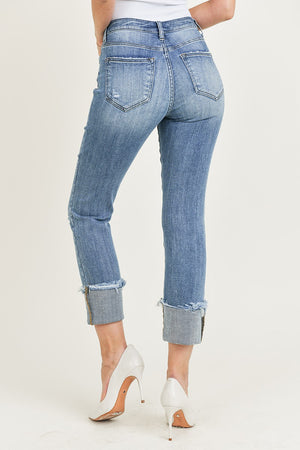 Risen Jeans - Mid Rise Raw Hem Cuffed Slim Straight Leg Jeans - RDP1282 - SaltTree