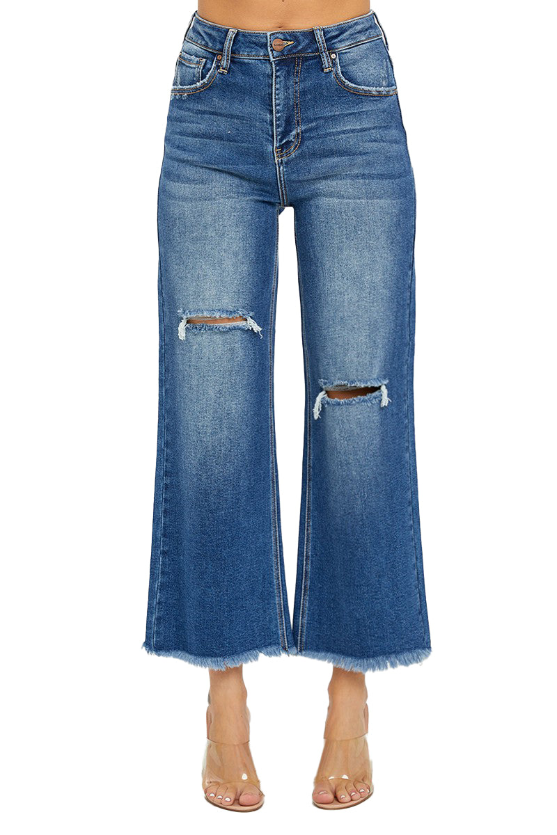 Risen Jeans -High Rise Frayed Ankle Wide Jeans - RDP5511 - SaltTree
