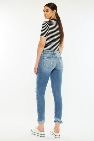 Kancan - Women's Mid-Rise Ankle Skinny Jeans with Desturction Detailing & Frayed Hem - kc6204