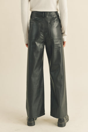Faux Leather Front Pocket Wide Leg Pants  - P2670