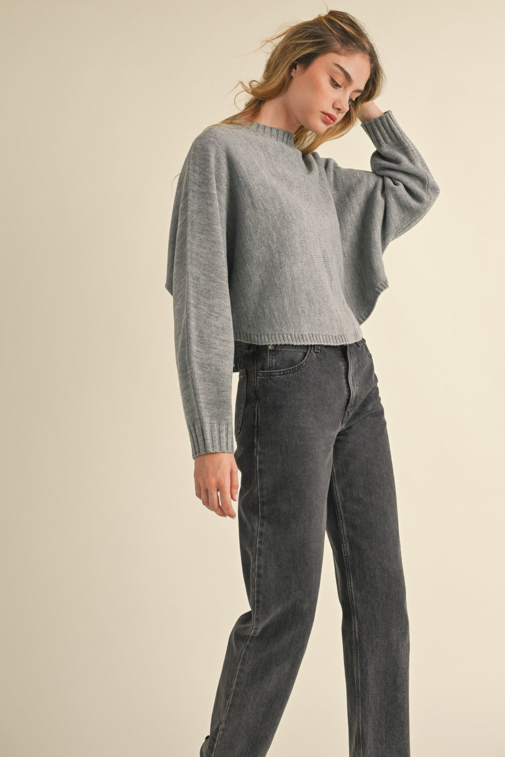 Mable Round Neck Dolman Sleeve Cropped Sweater - SaltTree