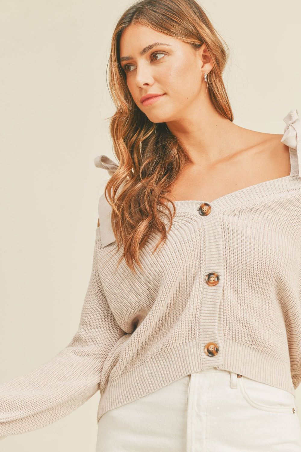MABLE Off Shoulder Self Tie Strap Button Down Sweater - SaltTree