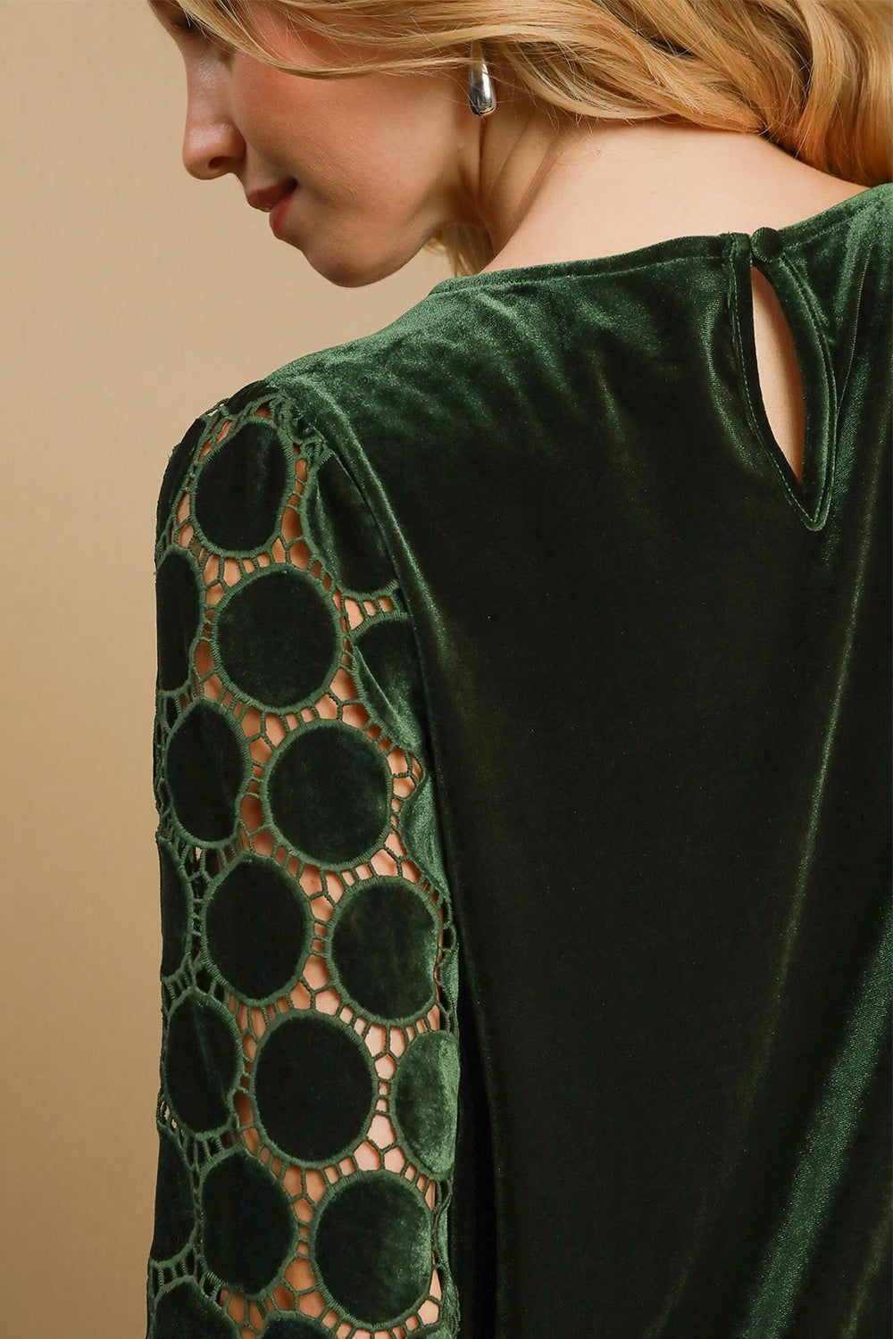 Umgee Polka Dot Lace Long Sleeve Round Neck Blouse - SaltTree