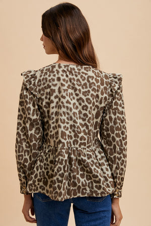 Annie Wear Tied Leopard Round Neck Peplum Blouse