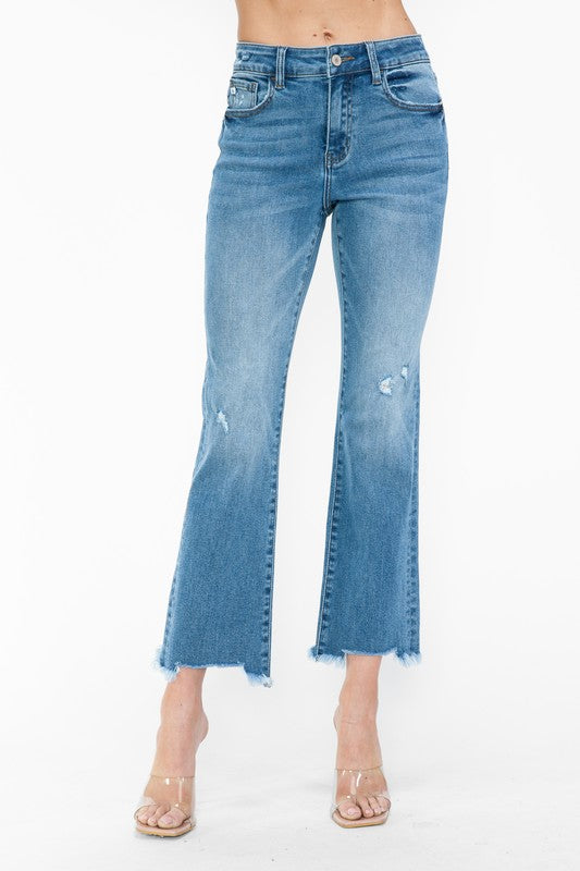 bytos Raw Hem Distressed Mid Rise Crop Jeans - SaltTree