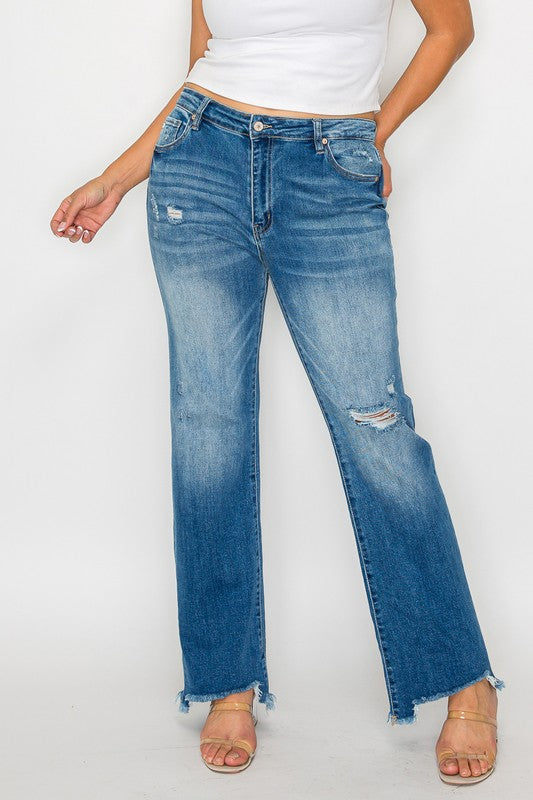bytos Full Size Raw Hem Distressed Mid Rise Straight Jeans - SaltTree
