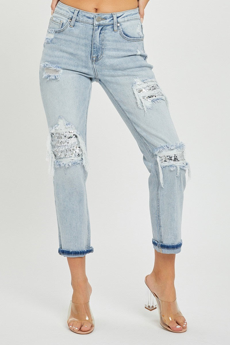 Risen Jeans - Mid Rise Sequins Patched Tapered Jeans - RDP5414 - SaltTree