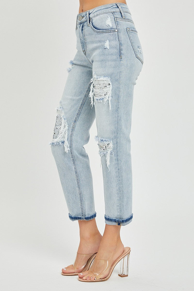 Risen Jeans - Mid Rise Sequins Patched Tapered Jeans - RDP5414 - SaltTree